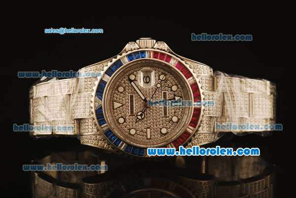 Rolex GMT Master II Swiss ETA 2836 Automatic Full Steel with Diamond Paved and Red and Blue Bezel - Click Image to Close